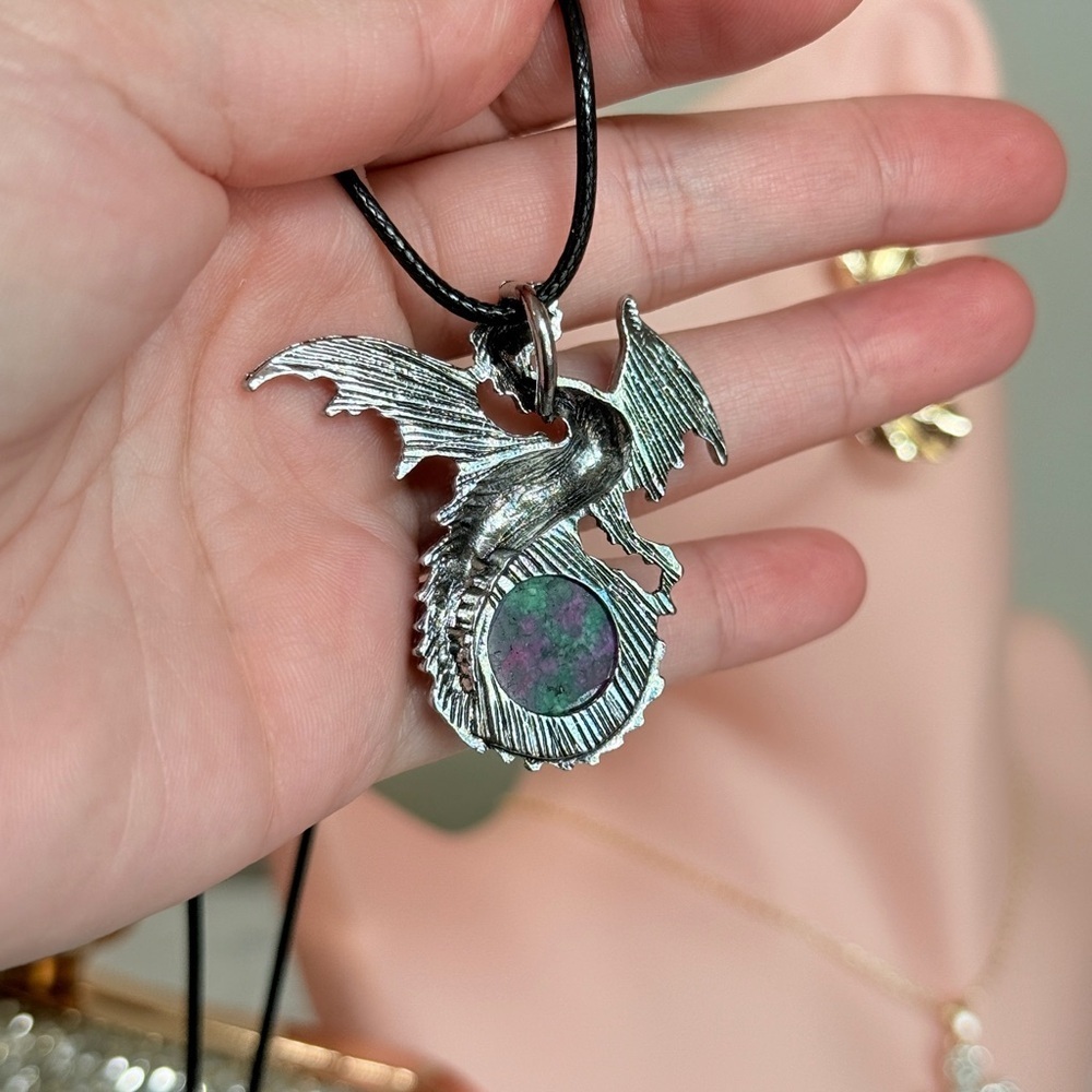 Dragon Pendant Necklace with Green Stone For Men & Women. - Picture 3 of 5